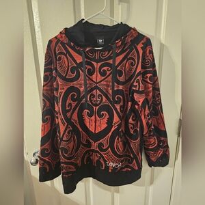 Tanoa Hoodie with a Polynesian tribal design Red Black Size L
